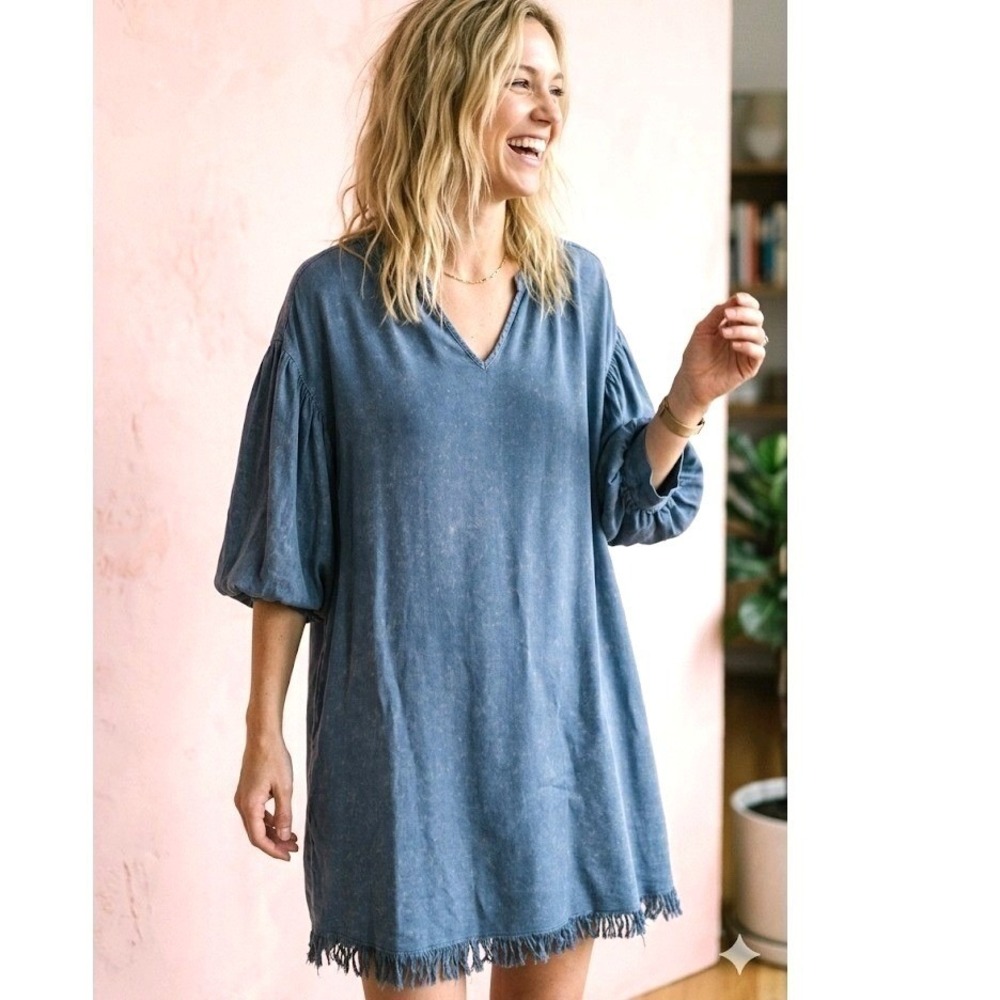 S Coastal Cowgirl Fringe Hem Tunic Mini Women Boho Shift Lagenlook Western Dress - Picture 2 of 12